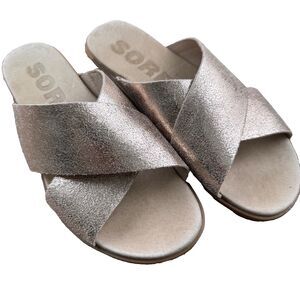 NWOB Sorel Metallic Rose Cross-band Slide On Leather Sandals Women's 8